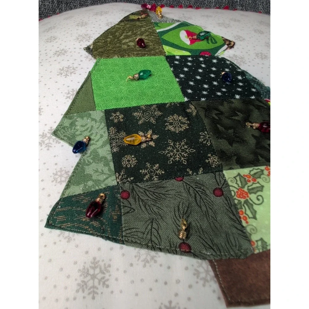 Handmade Patchwork Christmas Tree Pillow 16x16 White Accent Holiday Decor